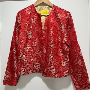 Flores & Flores Open Front Blazer Oriental Dragons Jacket Silk Rayon Red Gold 12